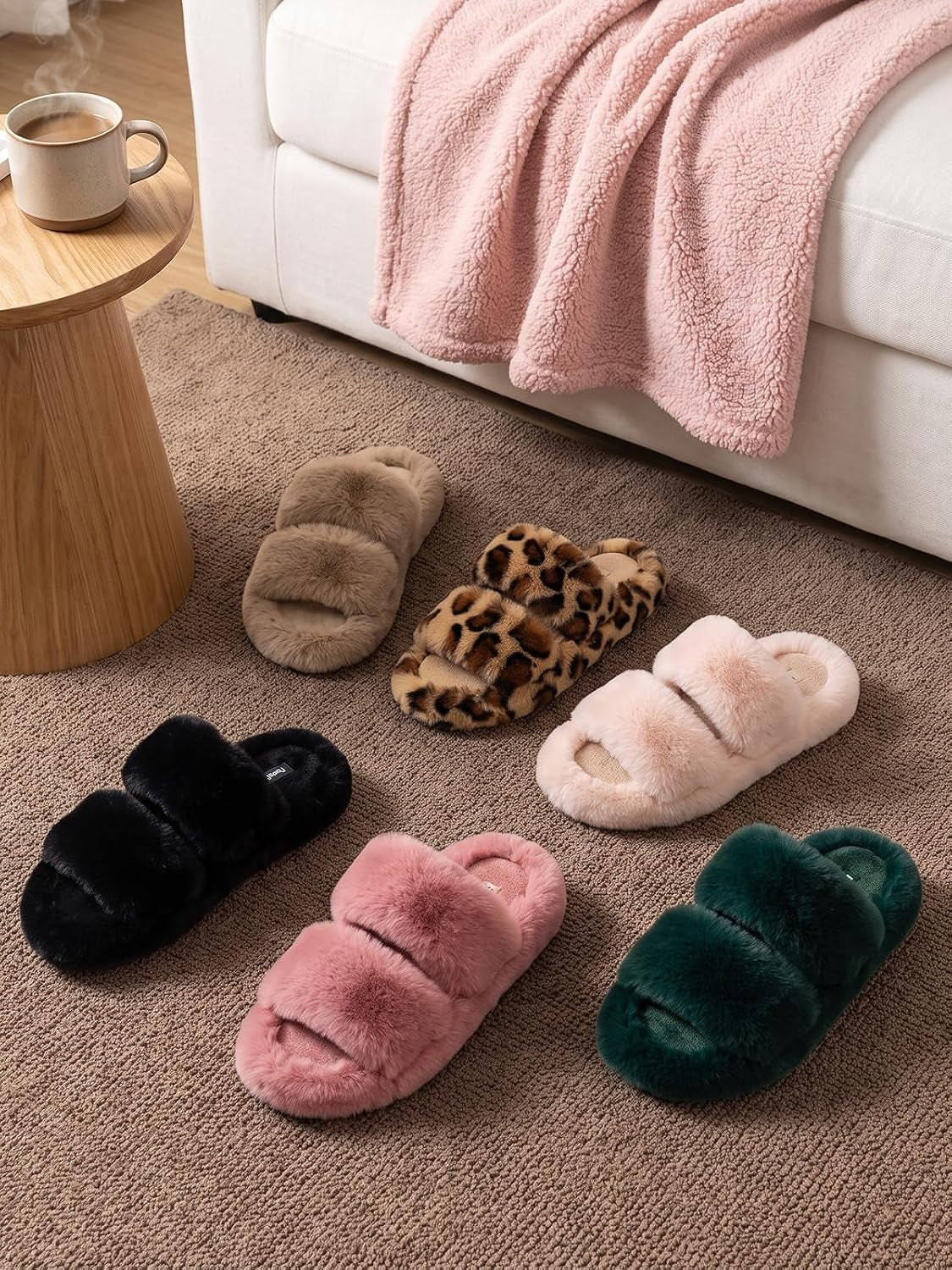 Women'S Slippers Fluffy Fuzzy Gift Open Toe Two Band Slides