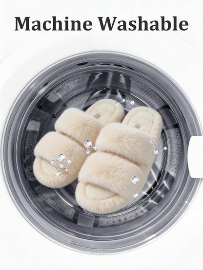 Women'S Slippers Fluffy Fuzzy Gift Open Toe Two Band Slides