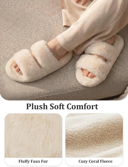 Women'S Slippers Fluffy Fuzzy Gift Open Toe Two Band Slides