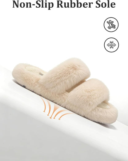 Women'S Slippers Fluffy Fuzzy Gift Open Toe Two Band Slides